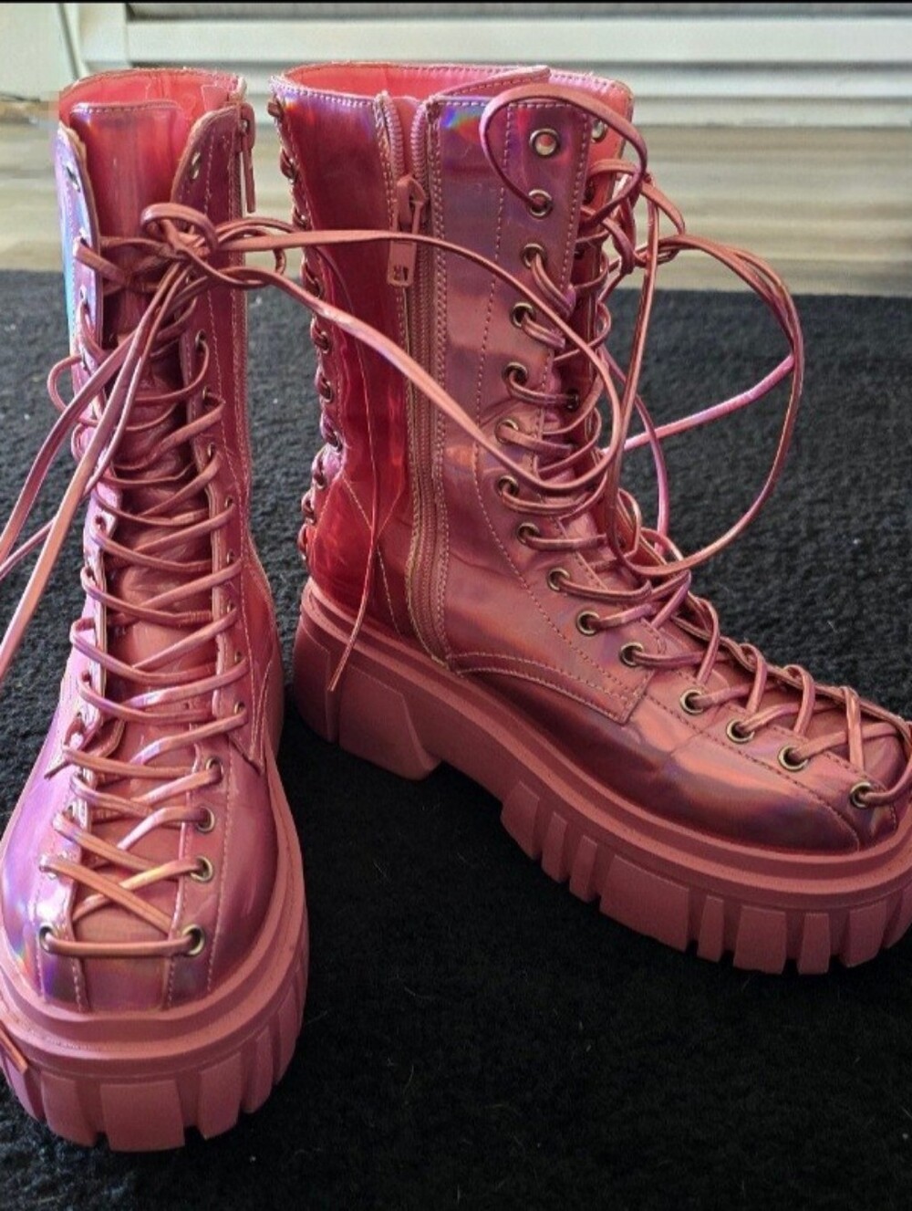 Dolls Kill Pink Iridescent Platform Combat Boots